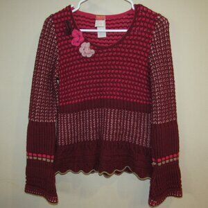 Oilily Wool Blend Bell Sleeve Open Knit Burgundy Pink Flower Sweater XS Italy